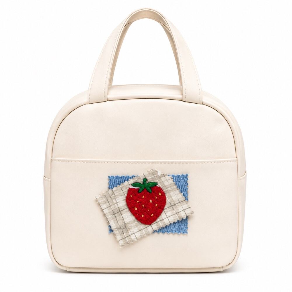 Insulated Lunch Bag for Women Cream Strawberry Embroidered Reusable Lunch Tote